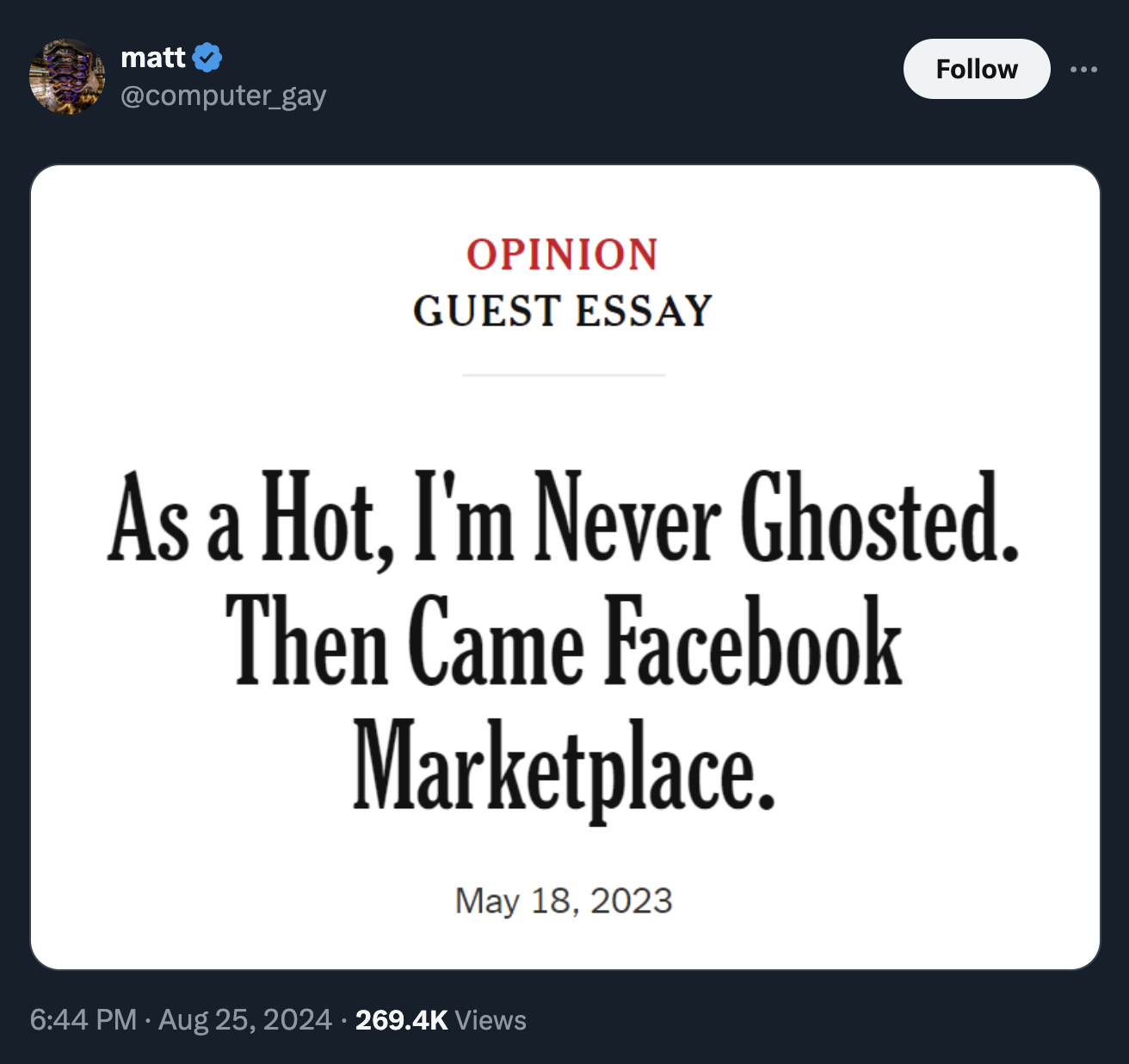 screenshot - matt Opinion Guest Essay ... As a Hot, I'm Never Ghosted. Then Came Facebook Marketplace. Views